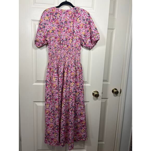 NWT J. Crew Tall Small Puff Sleeve Smocked Waist Midi Dress Pink Floral Fields - Picture 6 of 11